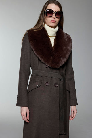 Yaka Kürk Detaylı Manto Kahve Kaban 12358