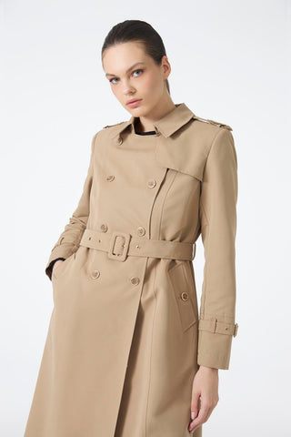 Double-breasted collar, belted waist, long trench coat, mink color, 12528