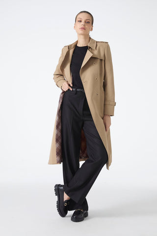 Double-breasted collar, belted waist, long trench coat, mink color, 12528