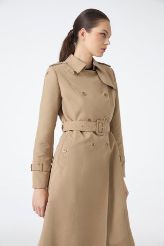 Double-breasted collar, belted waist, long trench coat, mink color, 12528