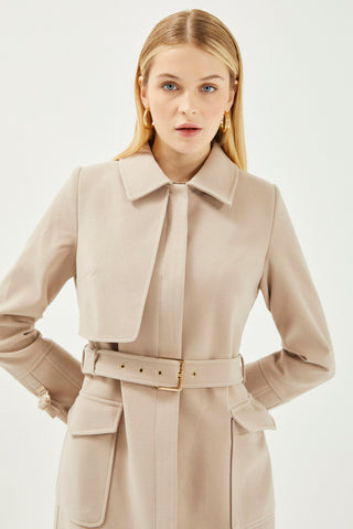 Gömlek Yaka Kemer Detaylı Kaşe Manto Taş Kaban 13359