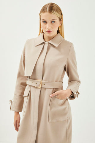 Gömlek Yaka Kemer Detaylı Kaşe Manto Taş Kaban 13359