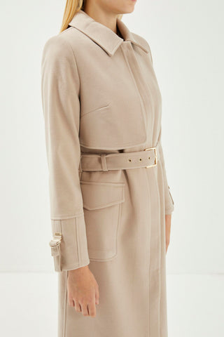 Gömlek Yaka Kemer Detaylı Kaşe Manto Taş Kaban 13359