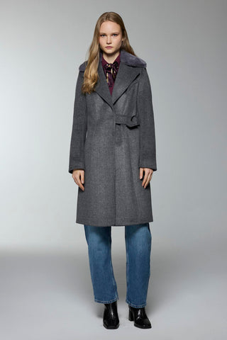 Kruvaze Yaka Kemer Detaylı Kaşe Füme Kaban 13404