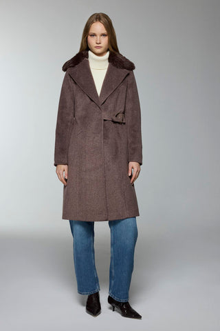 Kruvaze Yaka Kemer Detaylı Kaşe Kahve Kaban 13404