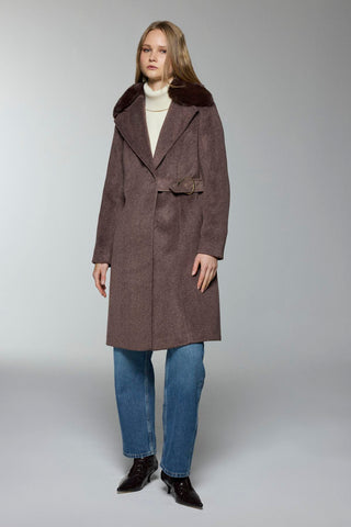 Kruvaze Yaka Kemer Detaylı Kaşe Kahve Kaban 13404