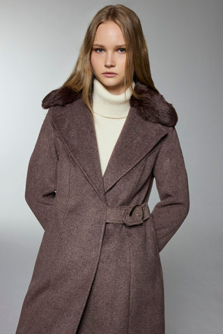 Kruvaze Yaka Kemer Detaylı Kaşe Kahve Kaban 13404