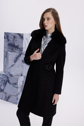 Kruvaze Yaka Kemer Detaylı Kaşe Siyah Kaban 13404