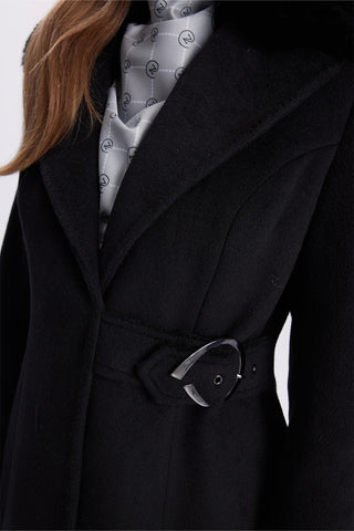 Kruvaze Yaka Kemer Detaylı Kaşe Siyah Kaban 13404