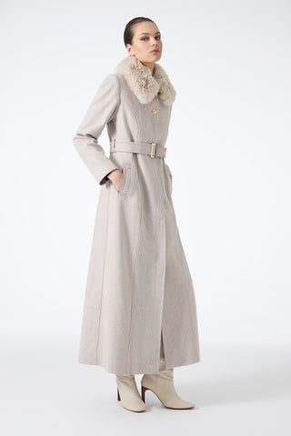 Kürk Yaka Kemer Detaylı Kaşe Manto Bej Kaban 13425