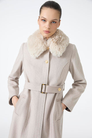 Kürk Yaka Kemer Detaylı Kaşe Manto Bej Kaban 13425