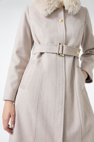 Fur Collar Belt Detail Cashmere Coat Beige Jacket 13425