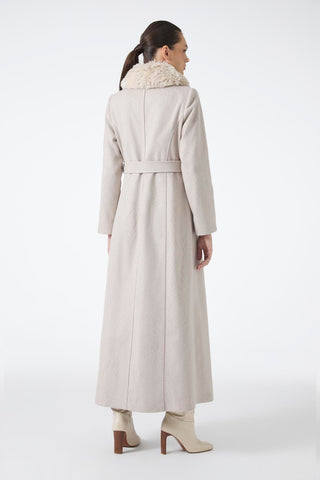 Fur Collar Belt Detail Cashmere Coat Beige Jacket 13425