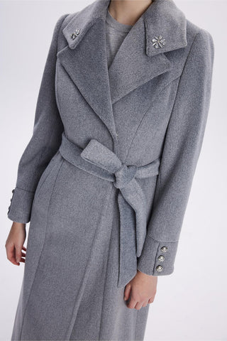 Grey Coat with Stone Embellished Collar Detail and Belt 13655