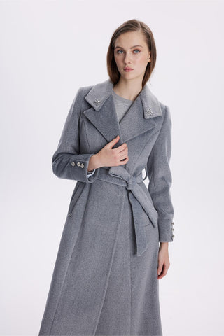 Grey Coat with Stone Embellished Collar Detail and Belt 13655