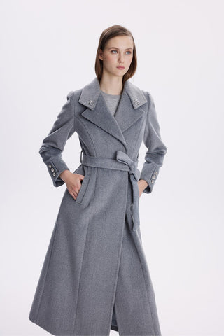 Grey Coat with Stone Embellished Collar Detail and Belt 13655