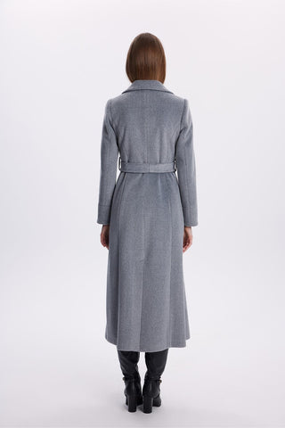 Grey Coat with Stone Embellished Collar Detail and Belt 13655