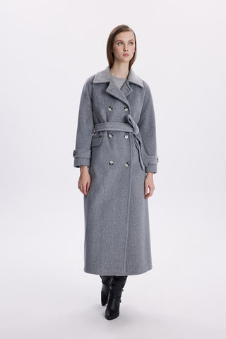 Çift Cepli Kuşaklı Kaşe Gri Kaban 13659