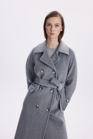 Çift Cepli Kuşaklı Kaşe Gri Kaban 13659