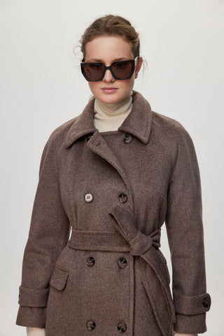 Double Pocket Belted Cashmere Brown Coat 13659