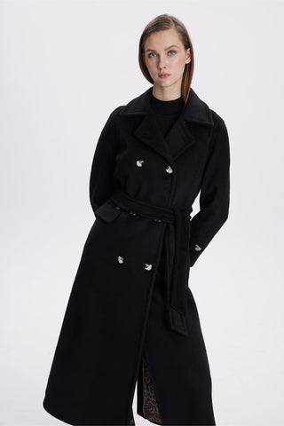 Çift Cepli Kuşaklı Kaşe Siyah Kaban 13659