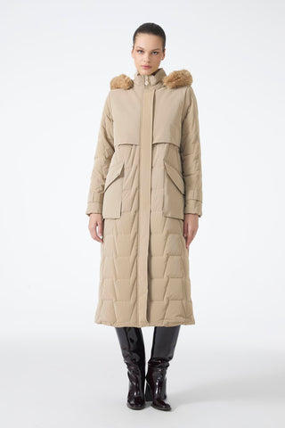 Kürk Kapüşonlu Cep Detaylı Mont Bej Mont 13685