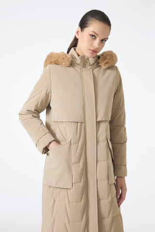 Kürk Kapüşonlu Cep Detaylı Mont Bej Mont 13685