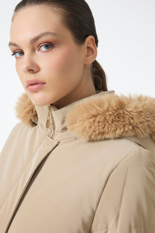 Kürk Kapüşonlu Cep Detaylı Mont Bej Mont 13685