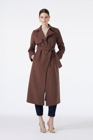 Kruvaze Yaka Kol Işleme Detaylı Kahve Trençkot 13724