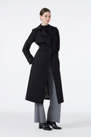 Kruvaze Yaka Kol Işleme Detaylı Siyah Trençkot 13724