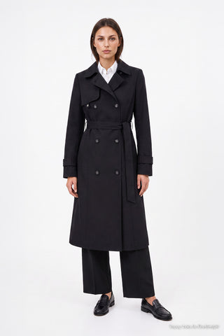 Shirt Collar Belted Black Trench Coat 13751