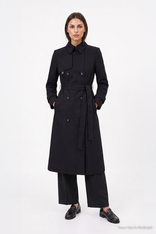 Shirt Collar Belted Black Trench Coat 13751