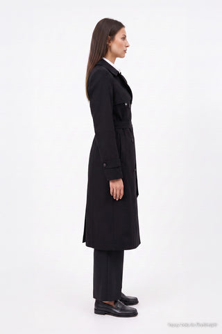 Shirt Collar Belted Black Trench Coat 13751