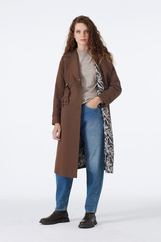 Kruvaze Yaka Apolet Detaylı Kemerli Kahve Trençkot 13758