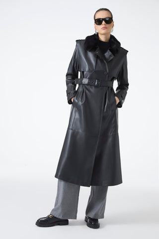 Kürk Yaka Deri Siyah Trençkot 13822