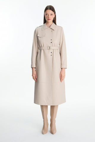 Gömlek Yaka Kemer Detaylı Deri Taş Trençkot 13823