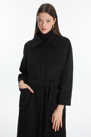 Black Coat with Pocket Detail and Belt 13829