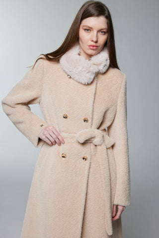 Fur Collar, Button and Belt Detailed Beige Coat 13830