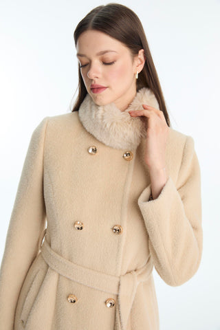 Kürk Yaka Düğme Ve Kuşak Detaylı Camel Kaban 13830