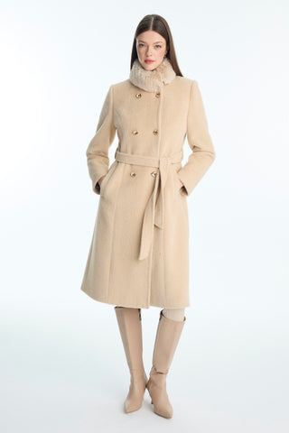 Kürk Yaka Düğme Ve Kuşak Detaylı Camel Kaban 13830