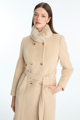 Kürk Yaka Düğme Ve Kuşak Detaylı Camel Kaban 13830