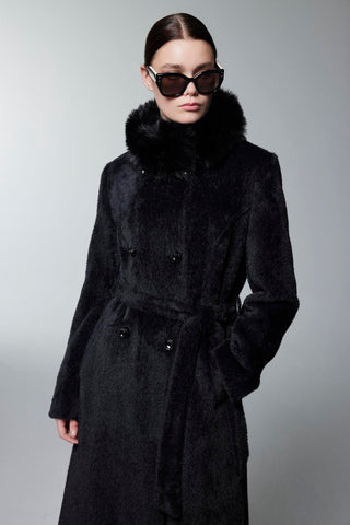 Kürk Yaka Düğme Ve Kuşak Detaylı Siyah Kaban 13830