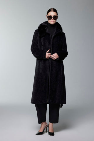 Kürk Yaka Düğme Ve Kuşak Detaylı Siyah Kaban 13830