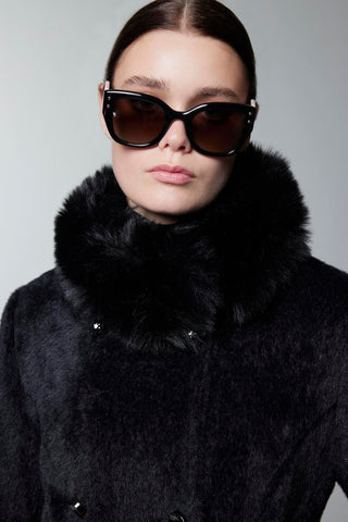 Kürk Yaka Düğme Ve Kuşak Detaylı Siyah Kaban 13830