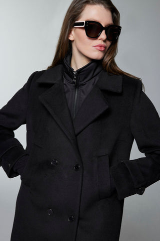 Kruvaze Yaka Kapitone Detaylı Siyah Kaban 13840