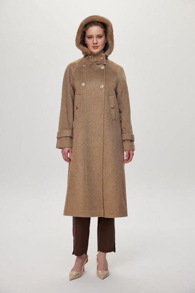 Kürk Yaka Düğme Detaylı Mocha Kaban 13845