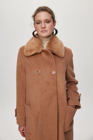 Kürk Yaka Detaylı Cepli Kaşe Mocha Kaban 13853