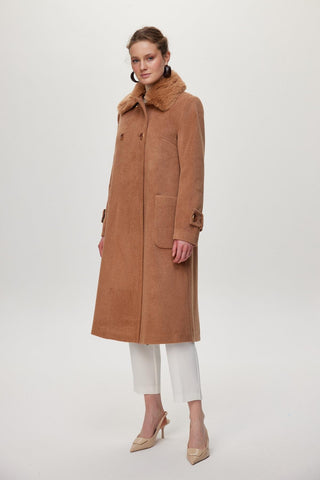 Kürk Yaka Detaylı Cepli Kaşe Mocha Kaban 13853