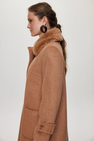 Kürk Yaka Detaylı Cepli Kaşe Mocha Kaban 13853