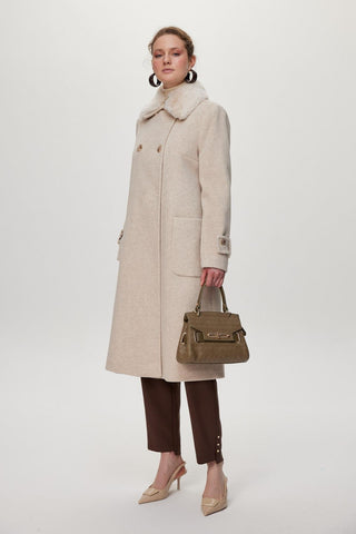 Kürk Yaka Detaylı Cepli Kaşe Bej Kaban 13853